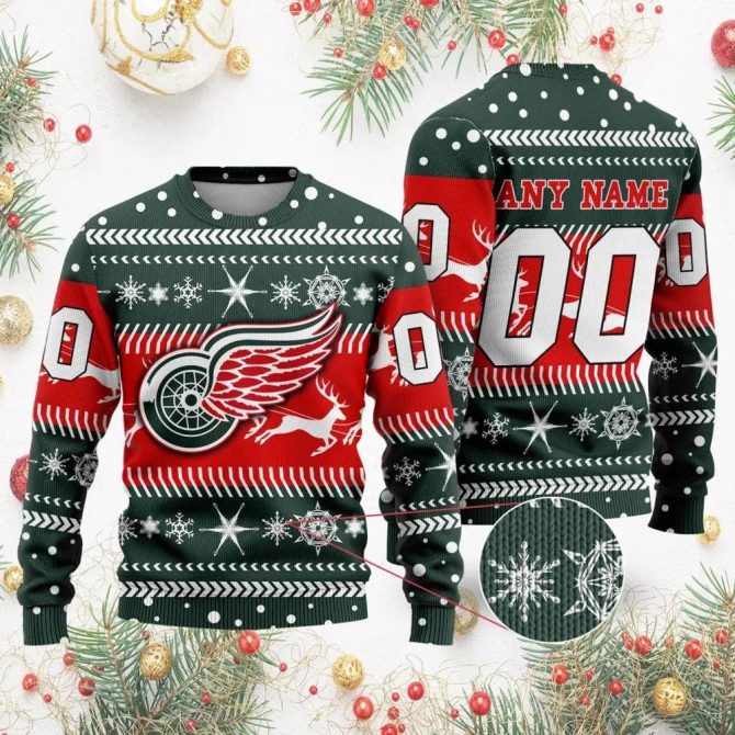 NHL Detroit Red Wings Personalized Name &amp; Number Ugly Christmas Sweater, NHL Christmas Sweater
