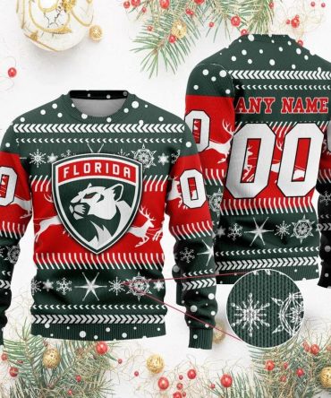 NHL Florida Panthers Personalized Name &amp; Number Ugly Christmas Sweater, NHL Christmas Sweater