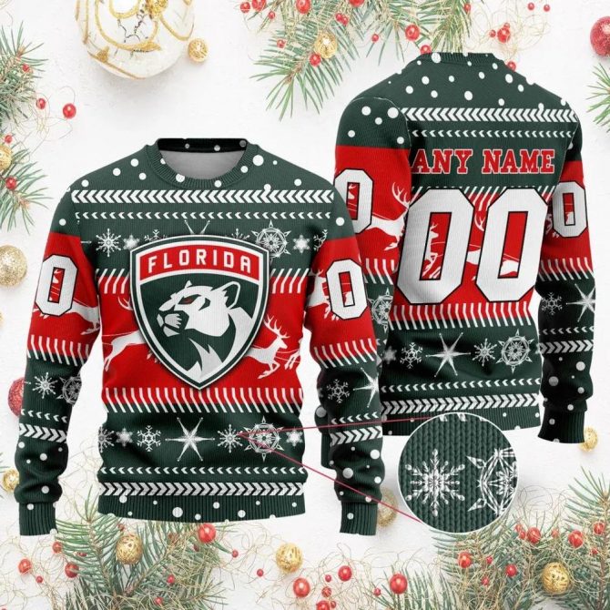 NHL Florida Panthers Personalized Name &amp; Number Ugly Christmas Sweater, NHL Christmas Sweater