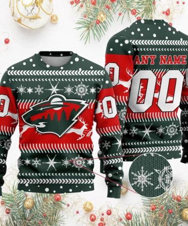 NHL Minnesota Wild  Personalized Name &amp; Number Ugly Christmas Sweater, NHL Christmas Sweater