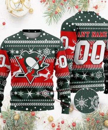 NHL Pittsburgh Penguins Personalized Name &amp; Number Ugly Christmas Sweater, NHL Christmas Sweater