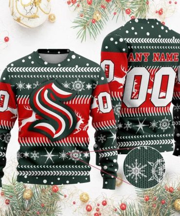 NHL Seattle Kraken Personalized Name &amp; Number Ugly Christmas Sweater, NHL Christmas Sweater