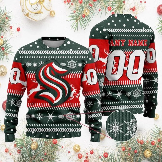 NHL Seattle Kraken Personalized Name &amp; Number Ugly Christmas Sweater, NHL Christmas Sweater
