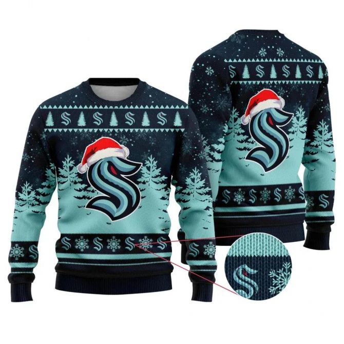 NHL Seattle Kraken Santa Hat Ugly Christmas Sweater, NHL Christmas Sweater