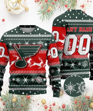 NHL St. Louis Blues Personalized Name &amp; Number Ugly Christmas Sweater, NHL Christmas Sweater