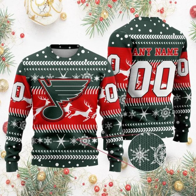 NHL St. Louis Blues Personalized Name &amp; Number Ugly Christmas Sweater, NHL Christmas Sweater