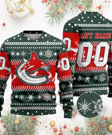 NHL Vancouver Canucks Personalized Name &amp; Number Ugly Christmas Sweater, NHL Christmas Sweater