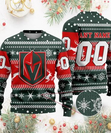 NHL Vegas Golden Knights Personalized Name &amp; Number Ugly Christmas Sweater, NHL Christmas Sweater