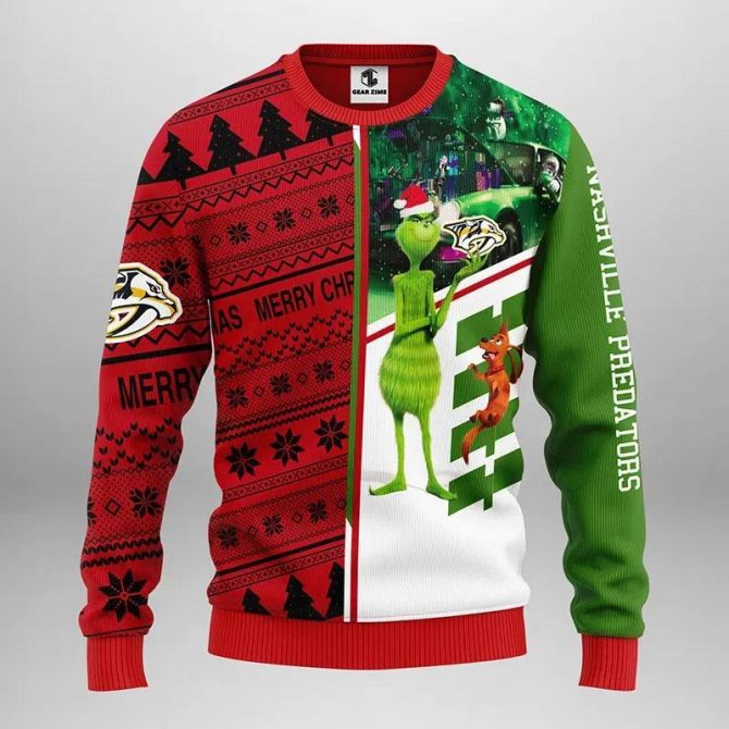 Nashville Predators Grinch &amp; Scooby ? Doo Ugly Christmas Sweater, NHL Christmas Sweater