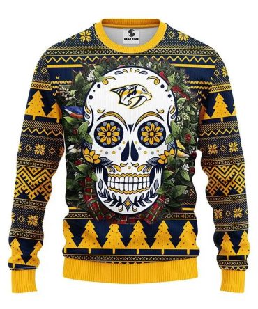 Nashville Predators Skull Flower Ugly Christmas Sweater, NHL Christmas Sweater