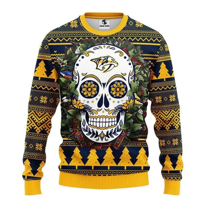 Nashville Predators Skull Flower Ugly Christmas Sweater, NHL Christmas Sweater