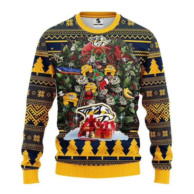 Nashville Predators Tree Christmas Ugly Sweater, NHL Christmas Sweater