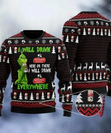 National Bohemian Grinch Will Drink Everywhere Ugly Sweater, Grinch Holiday Sweater