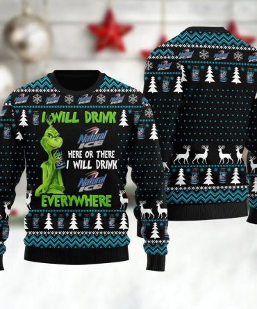 Natural Ice Grinch Will Drink Everywhere Ugly Sweater, Grinch Holiday Sweater