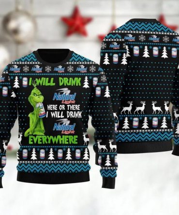 Natural Light Grinch Will Drink Everywhere Ugly Sweater, Grinch Holiday Sweater
