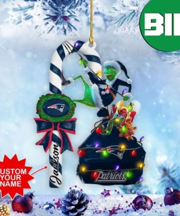 New England Patriots NFL x Grinch Custom Name Candy Cane Tree Christmas Decorations Unique Ornament
