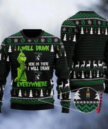 New Glarus Grinch Will Drink Everywhere Ugly Sweater, Grinch Holiday Sweater