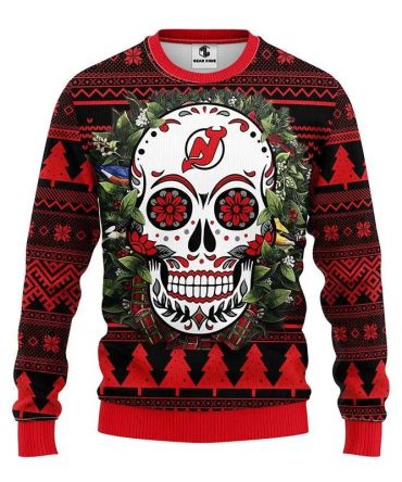 New Jersey Devils Skull Flower Ugly Christmas Sweater, NHL Christmas Sweater