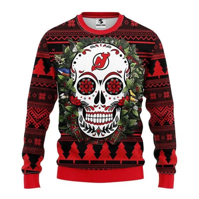 New Jersey Devils Skull Flower Ugly Christmas Sweater, NHL Christmas Sweater