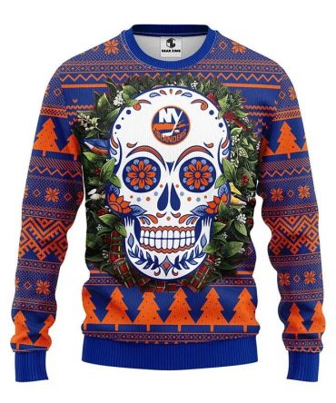 New York Islanders Skull Flower Ugly Christmas Sweater, NHL Christmas Sweater