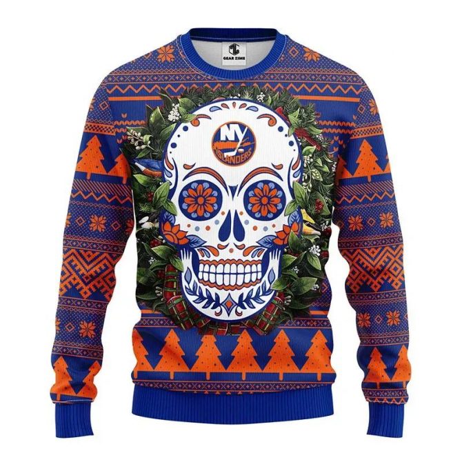 New York Islanders Skull Flower Ugly Christmas Sweater, NHL Christmas Sweater