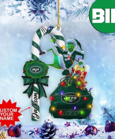New York Jets x Grinch Custom Name Candy Cane Christmas Tree Decorations Xmas Gift Ornament