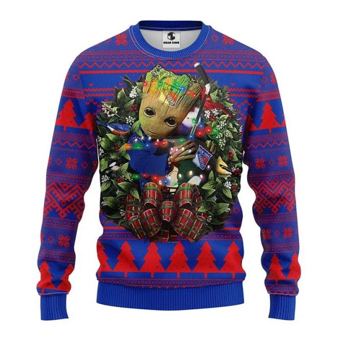 New York Rangers Groot Hug Ugly Christmas Sweater, NHL Christmas Sweater