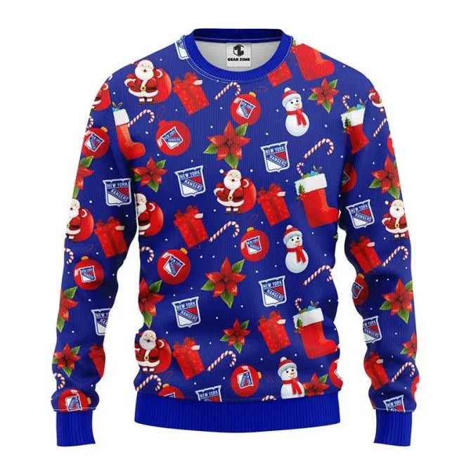 New York Rangers Santa Claus Snowman Ugly Christmas Sweater, NHL Christmas Sweater