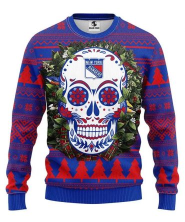 New York Rangers Skull Flower Ugly Christmas Sweater, NHL Christmas Sweater