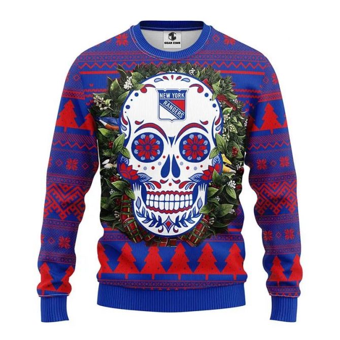 New York Rangers Skull Flower Ugly Christmas Sweater, NHL Christmas Sweater