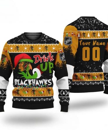 Nhl Grinch Drink Up Chicago Blackhawks Custom Ugly Christmas Sweater, NHL Christmas Sweater