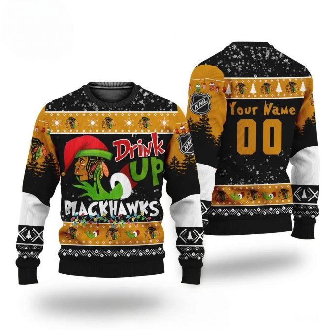 Nhl Grinch Drink Up Chicago Blackhawks Custom Ugly Christmas Sweater, NHL Christmas Sweater