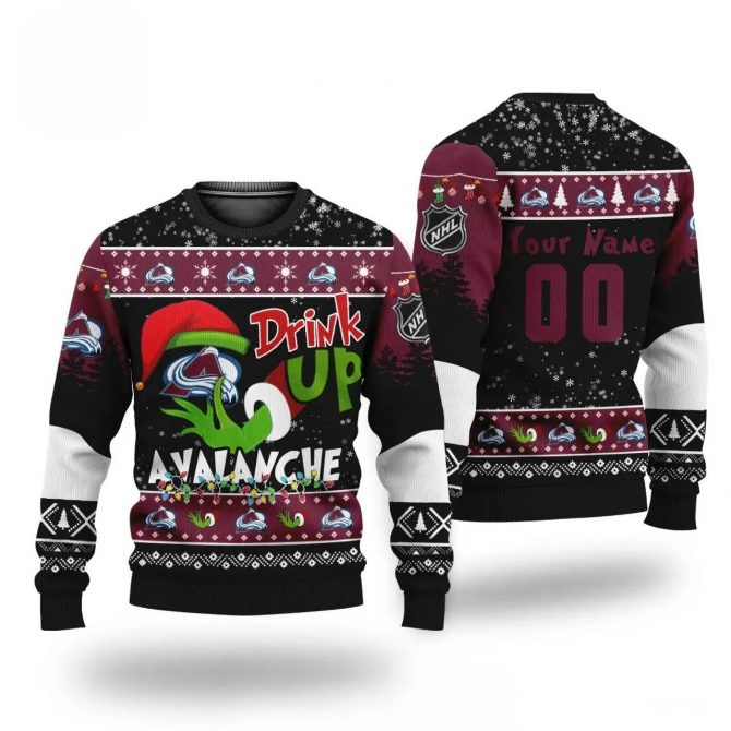 Nhl Grinch Drink Up Colorado Avalanche Custom Ugly Christmas Sweater, NHL Christmas Sweater