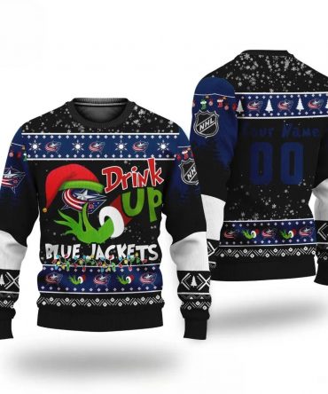 Nhl Grinch Drink Up Columbus Blue Jackets Custom Ugly Christmas Sweater, NHL Christmas Sweater