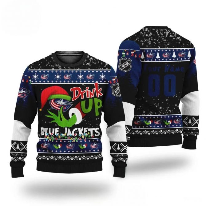 Nhl Grinch Drink Up Columbus Blue Jackets Custom Ugly Christmas Sweater, NHL Christmas Sweater