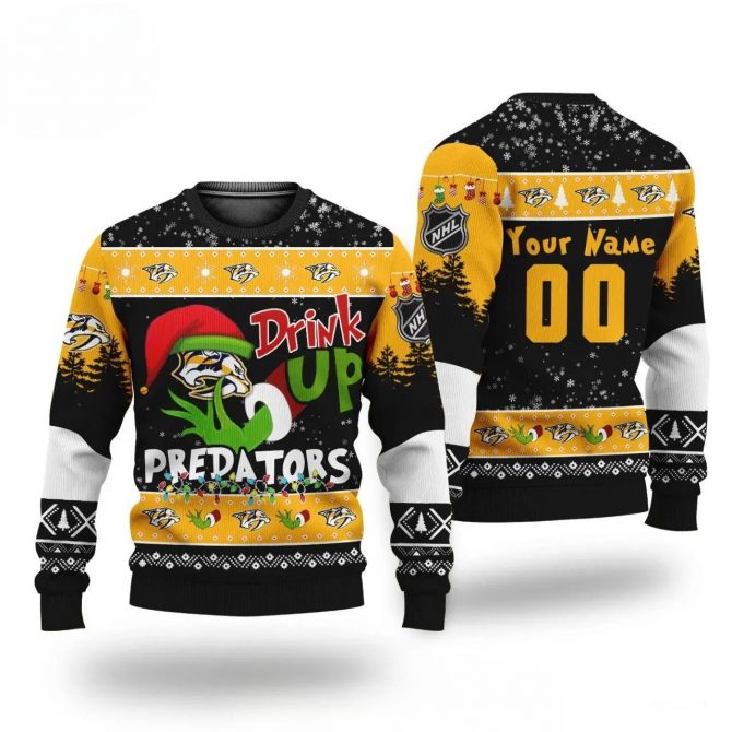 Nhl Grinch Drink Up Nashville Predators Custom Ugly Christmas Sweater, NHL Christmas Sweater