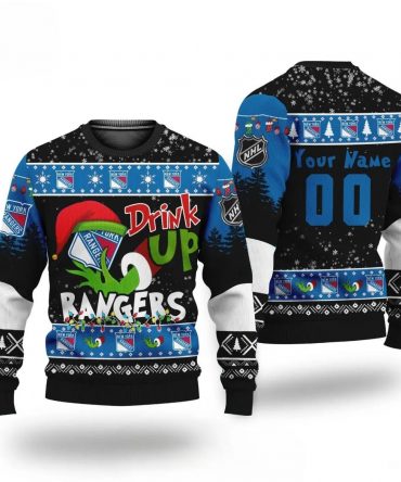 Nhl Grinch Drink Up New York Rangers Custom Ugly Christmas Sweater, NHL Christmas Sweater