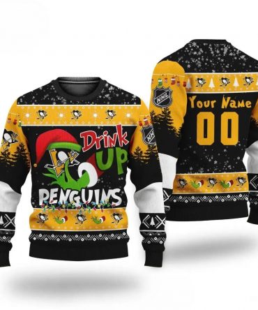 Nhl Grinch Drink Up Pittsburgh Penguins Custom Ugly Christmas Sweater, NHL Christmas Sweater