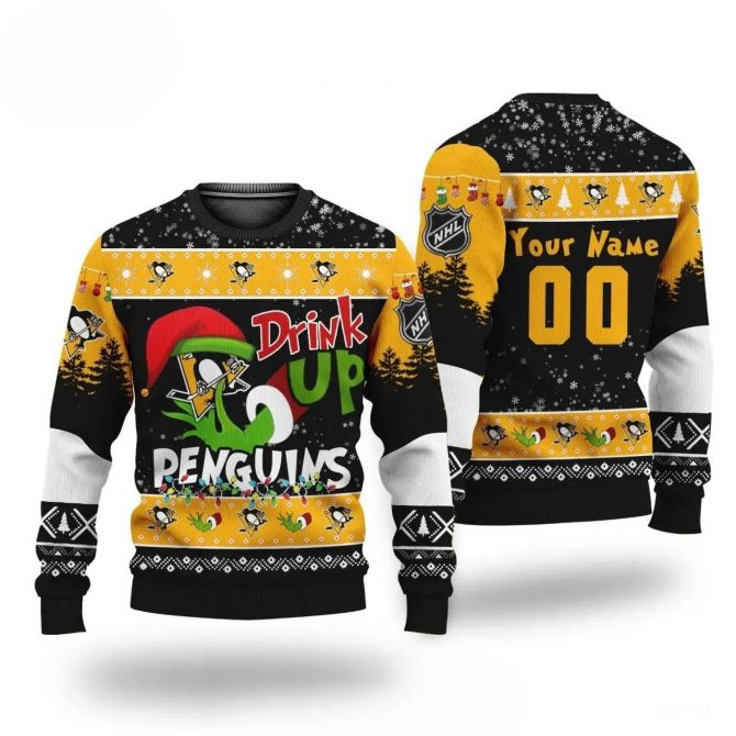 Nhl Grinch Drink Up Pittsburgh Penguins Custom Ugly Christmas Sweater, NHL Christmas Sweater