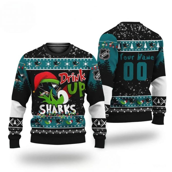 Nhl Grinch Drink Up San Jose Sharks Custom Ugly Christmas Sweater, NHL Christmas Sweater