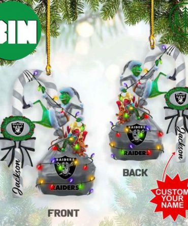 Oakland Raiders NFL Custom Name Grinch Candy Cane 2 Side Ornament
