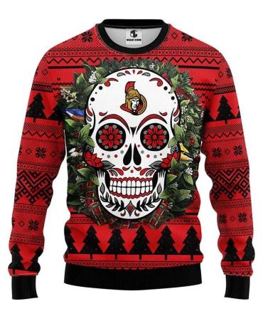 Ottawa Senators Skull Flower Ugly Christmas Sweater, NHL Christmas Sweater