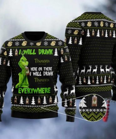 Panera Bread Grinch Will Drink Everywhere Ugly Sweater, Grinch Holiday Sweater