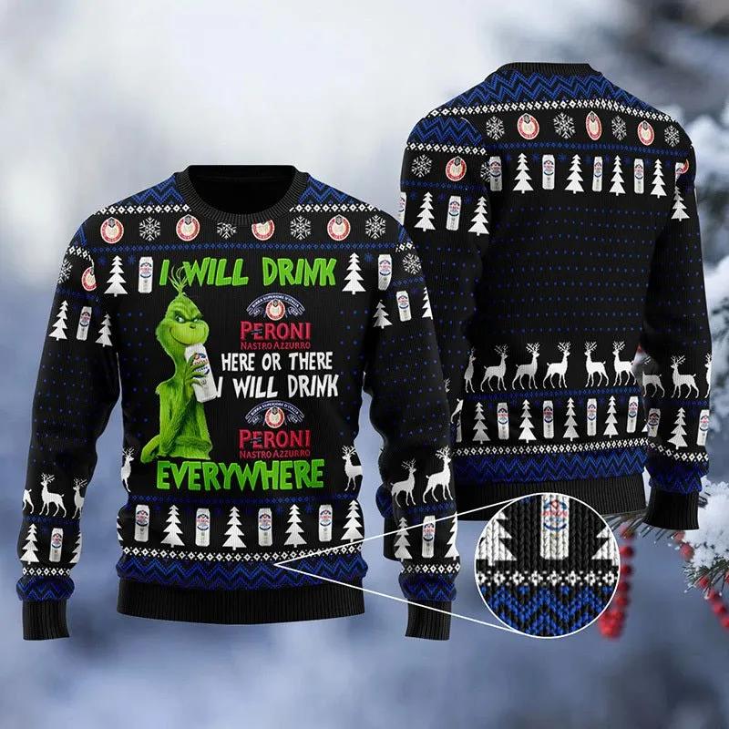 Peroni Grinch Will Drink Everywhere Ugly Sweater, Grinch Holiday Sweater