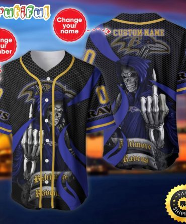 Personalized NFL Baltimore Ravens Baseball Jersey Shirt The Reaper Art Skull