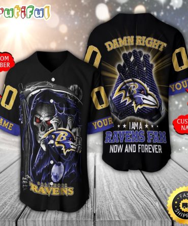 Personalized NFL Baltimore Ravens Baseball Jersey Skull Damn Right
