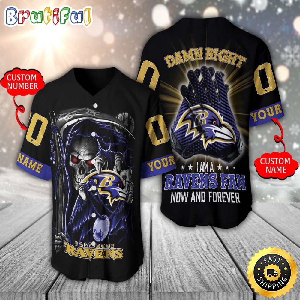Personalized NFL Baltimore Ravens Baseball Jersey Skull Damn Right