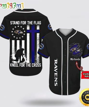 Personalized NFL Baltimore Ravens Baseball Jersey Stand For The Flag Kneel For The Cross