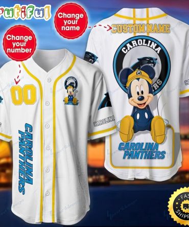 Personalized NFL Carolina Panthers Baseball Jersey Mickey Mouse
