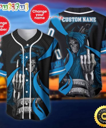 Personalized NFL Carolina Panthers Baseball Jersey Shirt The Reaper Art Skull
